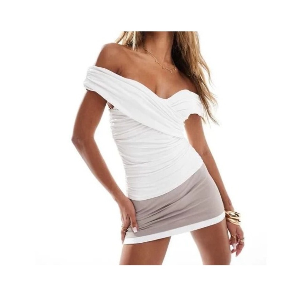 Abercrombie & Fitch Off The Shoulder Y2K Draped Mesh Top White X-Small A007014